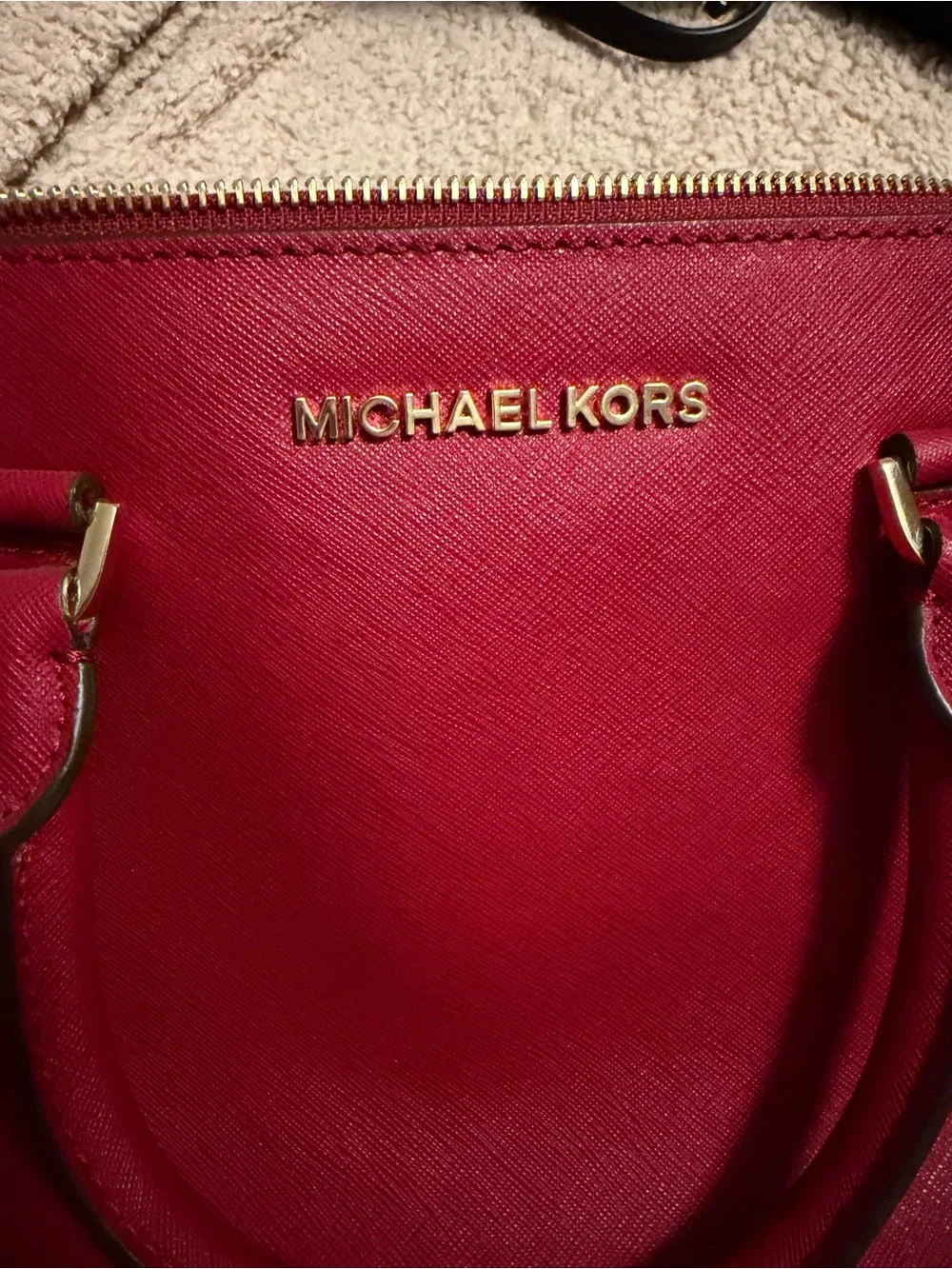 Michael Kors Emmy Large Saffiano Leather Dome Satchel - Red & Gold